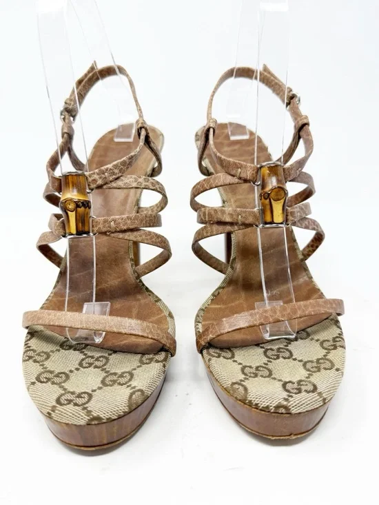 Gucci Bamboo GG Canvas Platform Sandals Heels Womens Size EU 38.5 - Picture 3 of 12